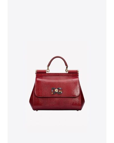 Dolce & Gabbana Large Sicily Leather Top Handle Bag With Dg Crystal Logo - Red