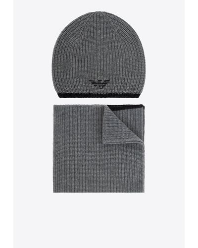 Emporio Armani Knitted Beanie And Scarf Set - Grey