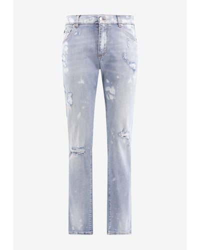 Dolce & Gabbana Logo Plate Distressed Slim Jeans - Blue