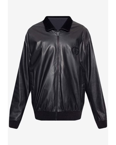 Giorgio Armani Reversible Zip-Up Leather Jacket - Blue