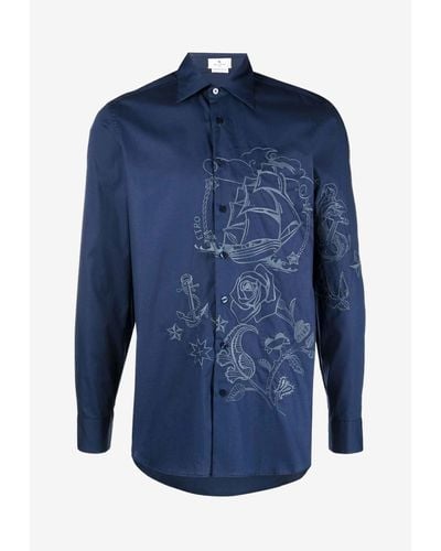 Etro Rose Print Button-Up Shirt - Blue