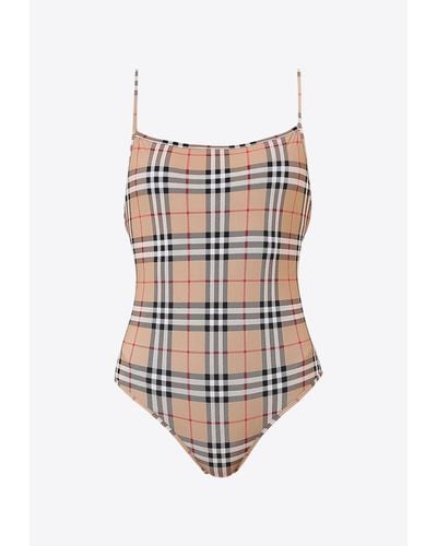 Burberry Checked One-Piece Swimsuit - White