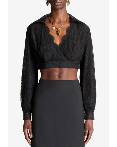 Etro Long-Sleeved Cropped Lace Top - Black