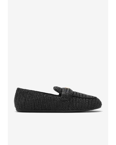 Prada Logo Appliqué Woven Crochet Loafers - Black