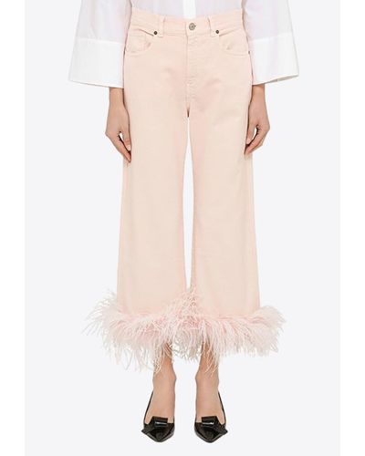 P.A.R.O.S.H. Feather-Trimmed Cropped Denim Pants - Pink