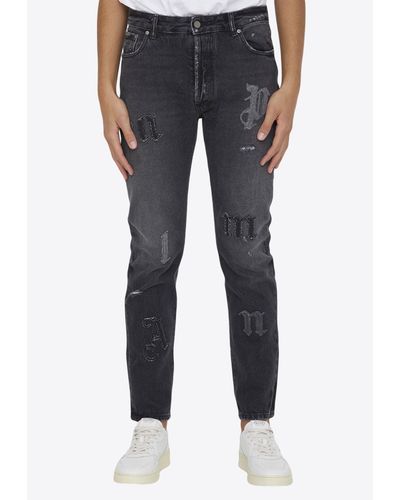 Palm Angels Slim-Leg Jeans With Logo Patches - Blue
