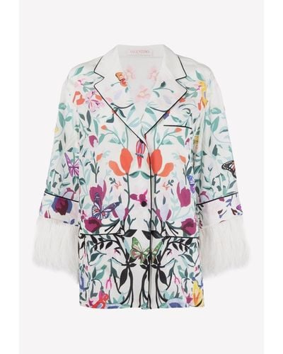 Valentino Feather-trimmed Floral Silk Shirt - White