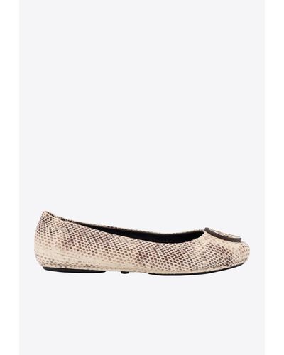 Tory Burch Minnie Travel Snake-Embossed Leather Ballet Flats - White