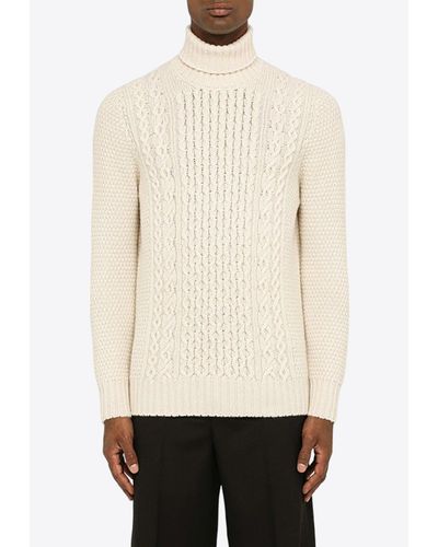 Drumohr Cable-Knit Turtleneck Wool Sweater - Natural