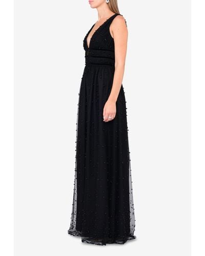 Monique Lhuillier Plunge Neck Tulle Gown With All-over Beads - Black