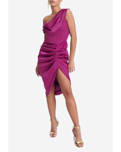 Lavish Alice Mya Asymmetric One-shoulder Midi Dress In Satin - Pink