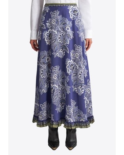 Etro Silk Bandanna Bouquet Maxi Skirt - Blue