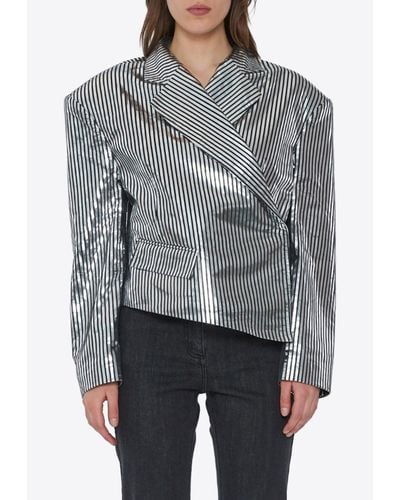 Remain Striped Asymmetric Leather Blazer - Grey