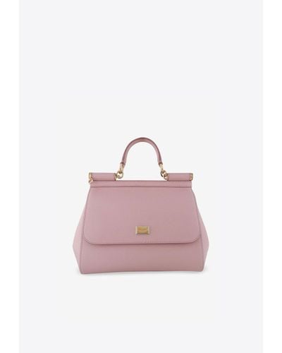 Dolce & Gabbana Large Sicily Calfskin Logo-Plaque Top Handle Bag - Pink