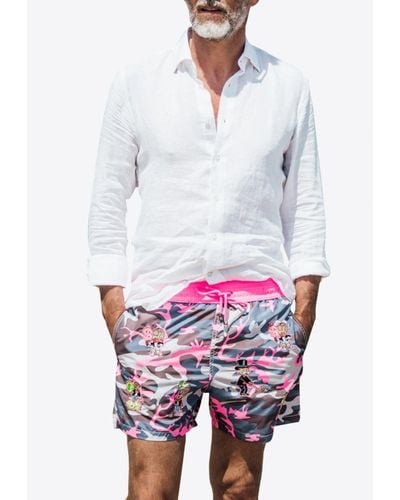 Les Canebiers All-Over Monopoly Embroidered Camo Swim Shorts - White
