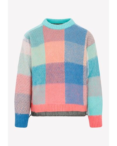 Sacai Plaid Knit Sweater In Wool And Mohair - Blue