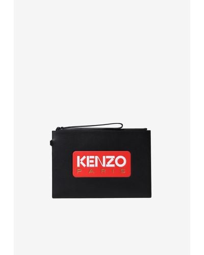 KENZO Large Logo Print Leather Clutch - Red