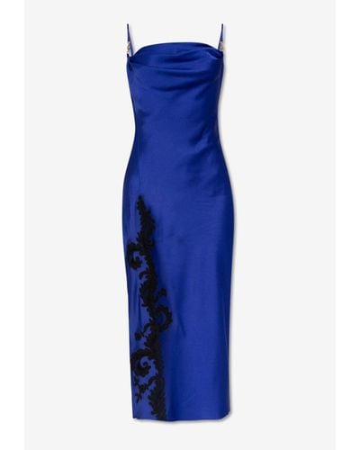 Versace Barocco Lace Embellished Satin Midi Dress - Blue