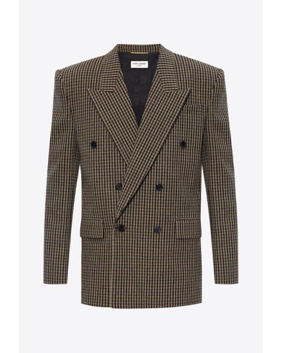 Saint Laurent Oversized Double-Breasted Houndstooth Blazer - Green