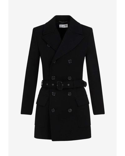 Saint Laurent Double-breasted Belted Wool Coat - Black