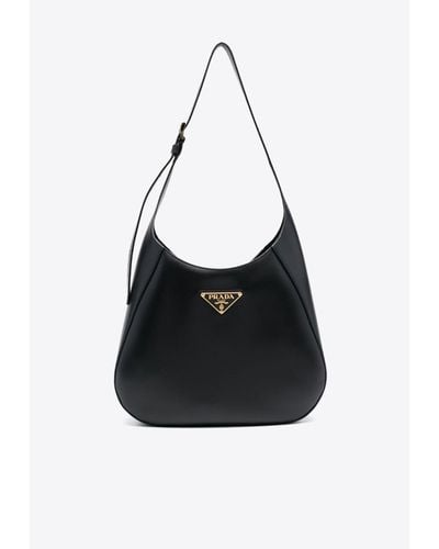 Prada Triangle Logo Leather Shoulder Bag - Black