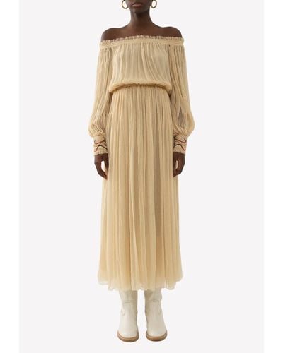 Chloé Off-Shoulder Gathered Silk Crepe Midi Dress - Natural