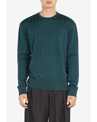 Ferragamo Jacquard Gancini Crewneck Sweater - Green