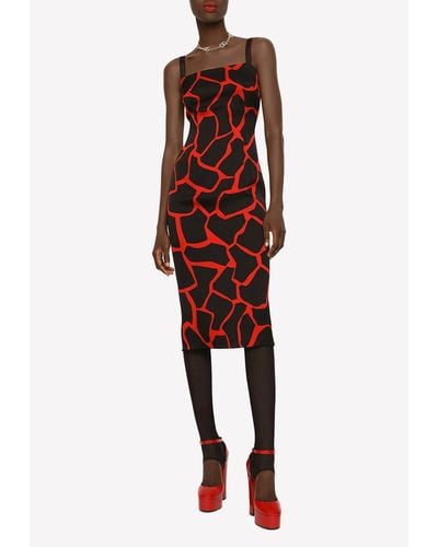 Dolce & Gabbana Giraffe Print Silk Midi Dress - Red
