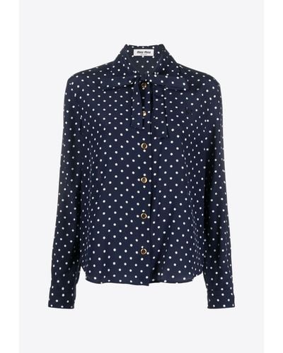 Miu Miu Polka Dot Silk Shirt With Bow Detail - Blue