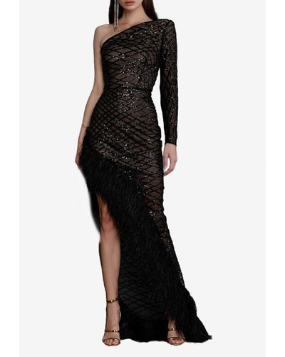 Bronx and Banco Lola One-shoulder Asymmetric Feather Gown - Black