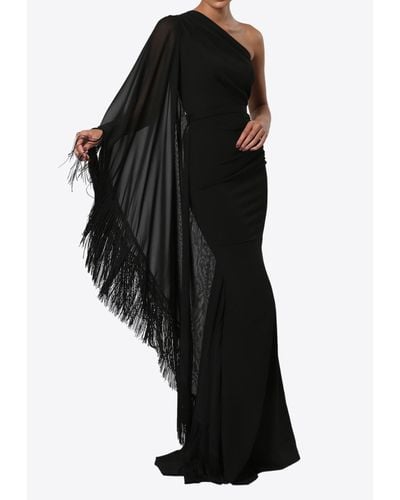 ZEENA ZAKI One-Shoulder Fringed Gown - Black