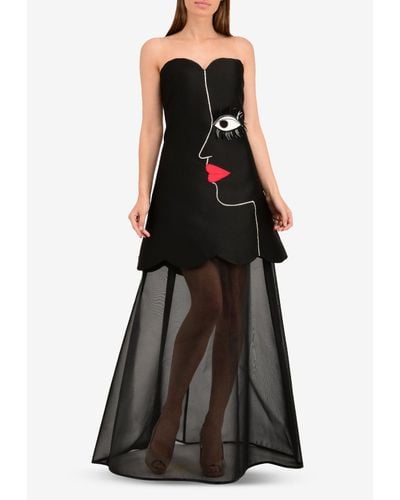 Isabel Sanchis Silk Strapless A-line Gown With Face Applique - Black