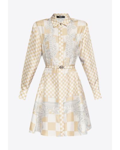 Versace Medusa Checkerboard Mini Shirt Dress - Natural