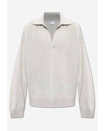 Bottega Veneta V-Neck Wool Polo Sweater - White