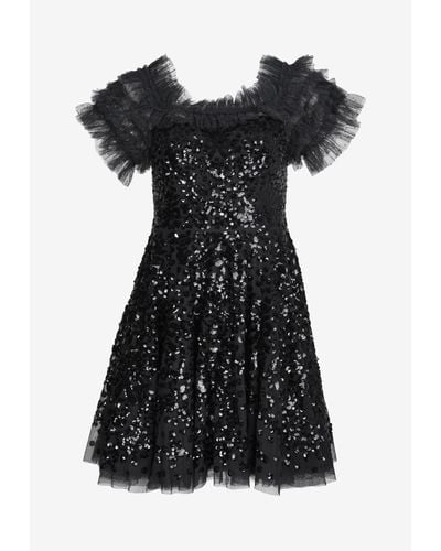 Needle & Thread Sequin Embellished Off-Shoulder Mini Dress - Black
