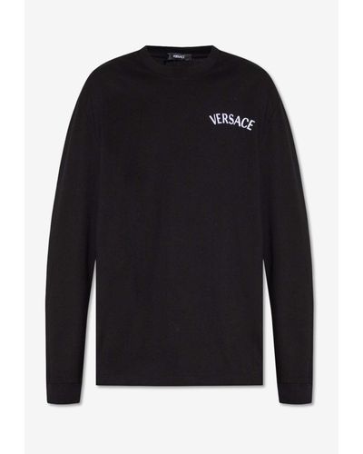 Versace Logo Embroidered Long-Sleeved T-Shirt - Blue