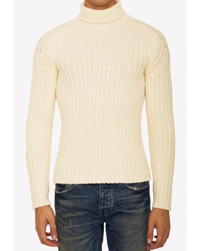 C.P. Company Turtleneck Ribbed Knit Wool Sweater - White