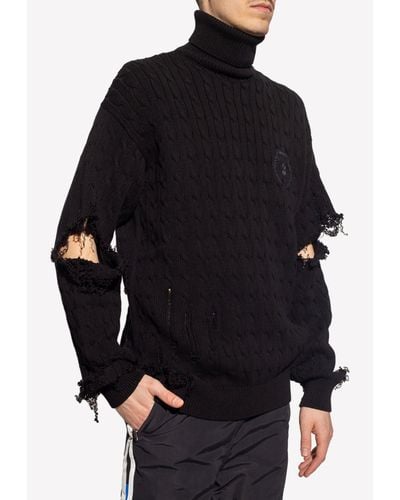 Balenciaga Destroyed Turtleneck Sweater With Logo Embroidery - Black