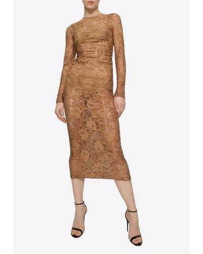 Dolce & Gabbana Sleeved Midi Dress - Brown