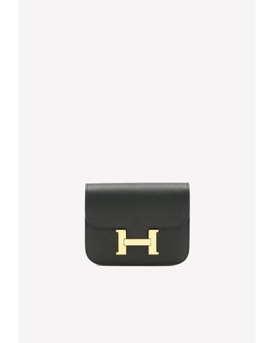 Hermès Constance Slim Wallet In Black Epsom With Gold Hardware - White