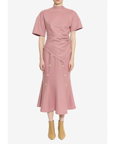 Dawei Flared Midi Skirt With Button Details - Pink