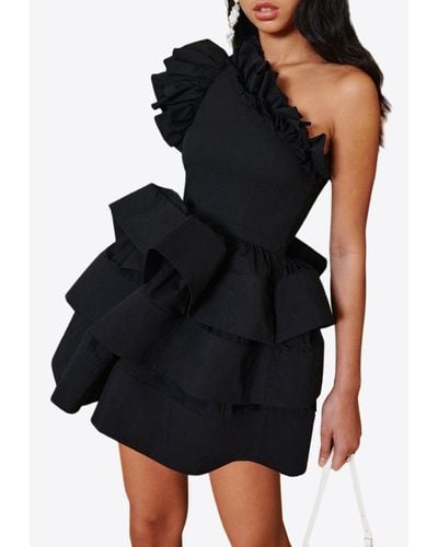 Celiab Baltic One-Shoulder Ruffled Mini Dress - Black