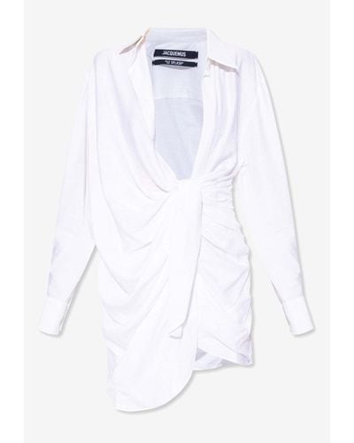 Jacquemus Bahia Asymmetric Mini Shirt Dress - White