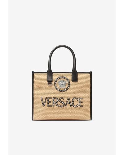 Versace Small La Medusa Studded Logo Tote Bag - Natural