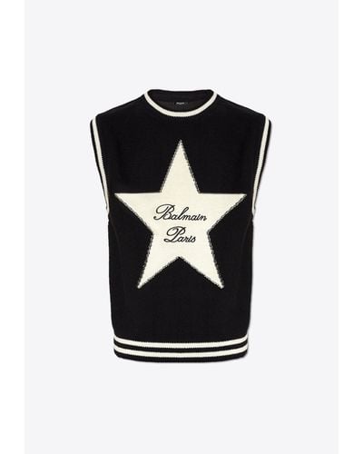Balmain Signature Star Intarsia Knit Sweater Vest - Black