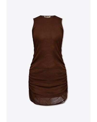 Saint Laurent Ruched Mini Tulle Dress - Brown