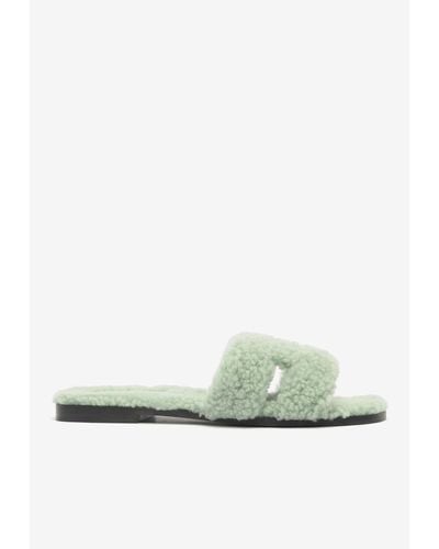 Hermès Oran H Cut-out Shearling Sandals - Green