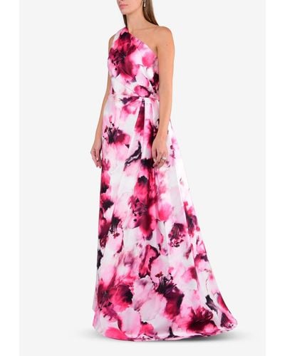 THEIA Floral Print Slit Gown With Side Pleats - Pink