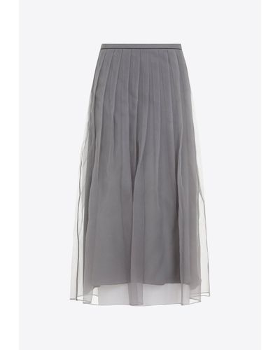Brunello Cucinelli Pleated Silk Organza Midi Skirt - Gray