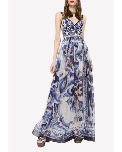 Dolce & Gabbana Majolica Print Chiffon Maxi Dress - Blue